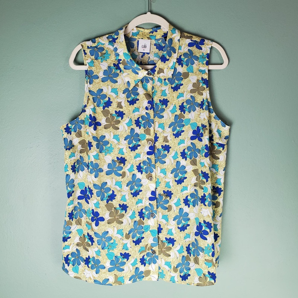 Cabi Womens Yellow Floral Wish Peplum Sleeveless Button Up Blouse Top Size XL